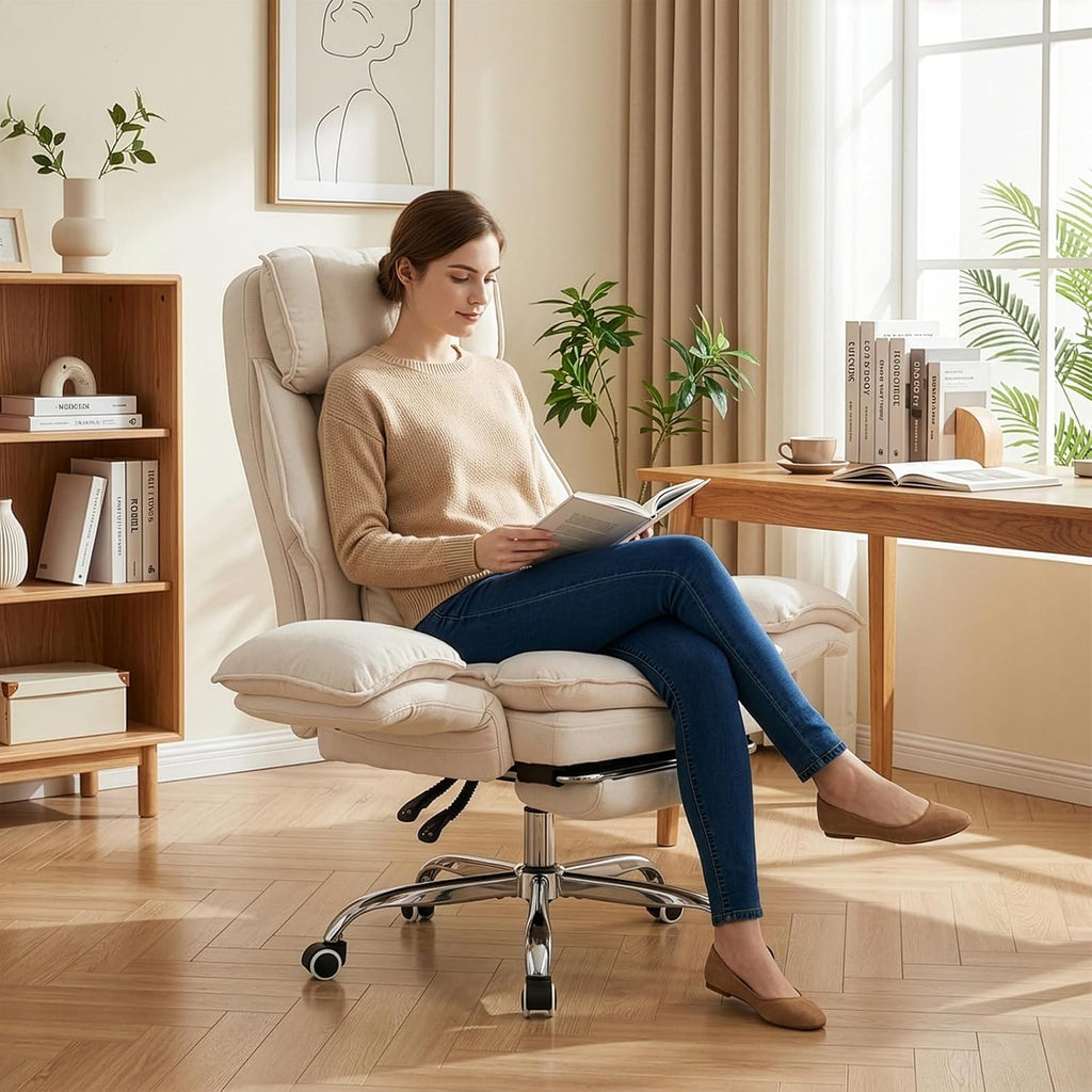 Office Chair with Flip Armrests & Foot Rest,Criss Cross Legged Home Office Desk Chair with Pet Seat,Ergonomic Reclining Computer Gaming Chair,High Back Executive Chair with Lumbar Pillow(White)