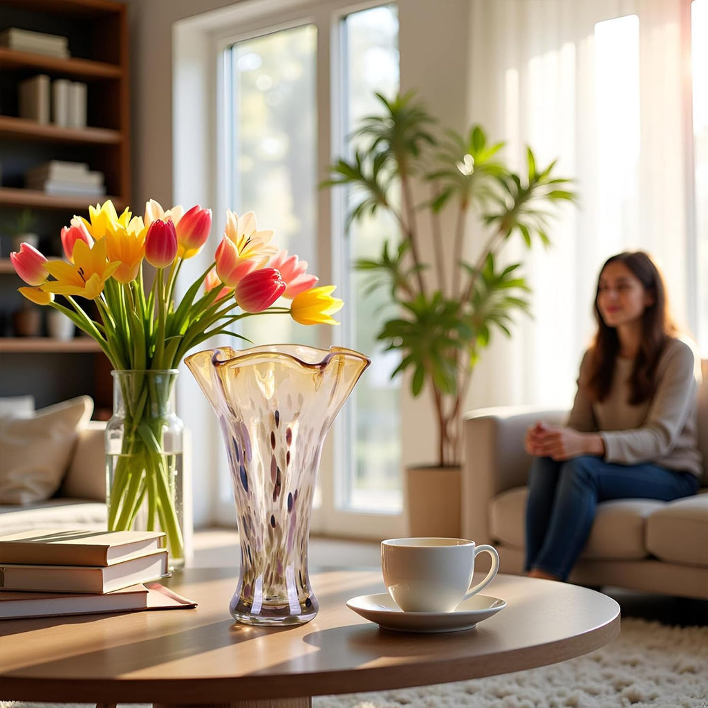 9.0"H Amber Glass Vases for Flowers, Unique Hand Blown Glass Vase Amber Gold Home Decor, Wide Mouth Colorful Flower Vase Centerpieces, For Living Room Table Bookshelf, Bathroom Office Shelf Decorative
