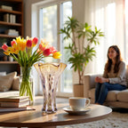9.0"H Amber Glass Vases for Flowers, Unique Hand Blown Glass Vase Amber Gold Home Decor, Wide Mouth Colorful Flower Vase Centerpieces, For Living Room Table Bookshelf, Bathroom Office Shelf Decorative