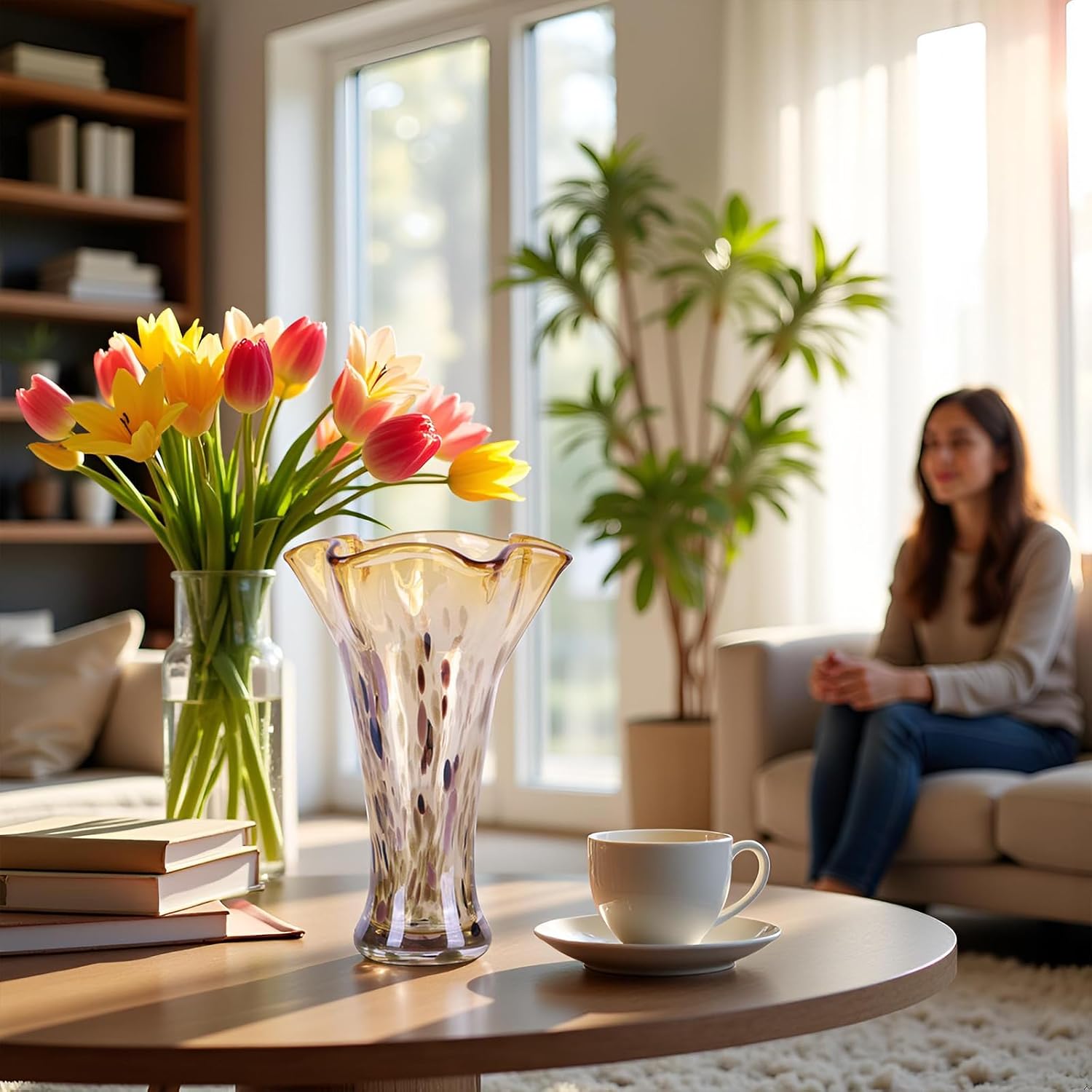 9.0"H Amber Glass Vases for Flowers, Unique Hand Blown Glass Vase Amber Gold Home Decor, Wide Mouth Colorful Flower Vase Centerpieces, For Living Room Table Bookshelf, Bathroom Office Shelf Decorative