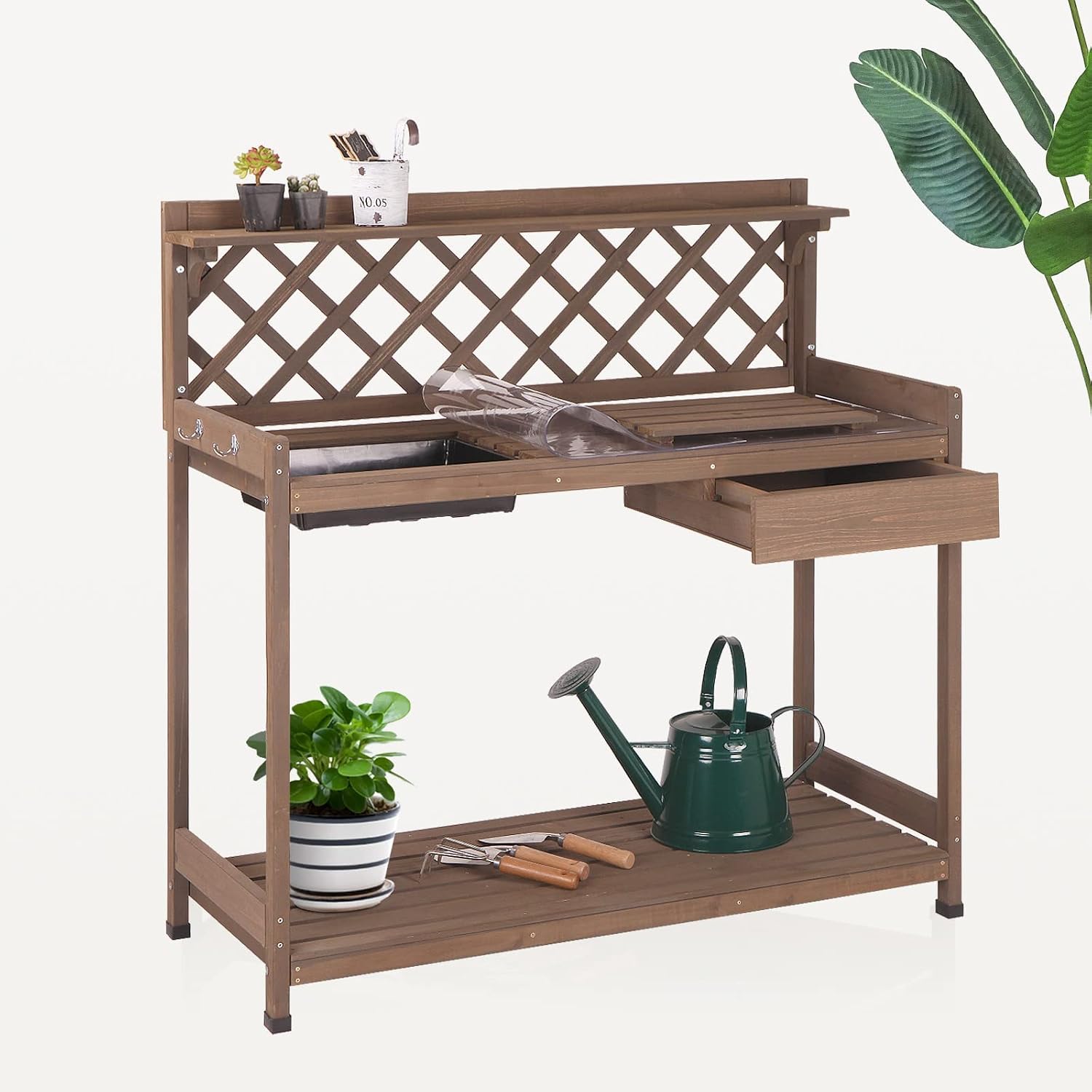 Potting Bench Potting Table Potting Benches for Outside 44 Inch Fir Wood Garden Potting Station Garden Table PVC Layer Storage Shelf Sink Drawer Hooks