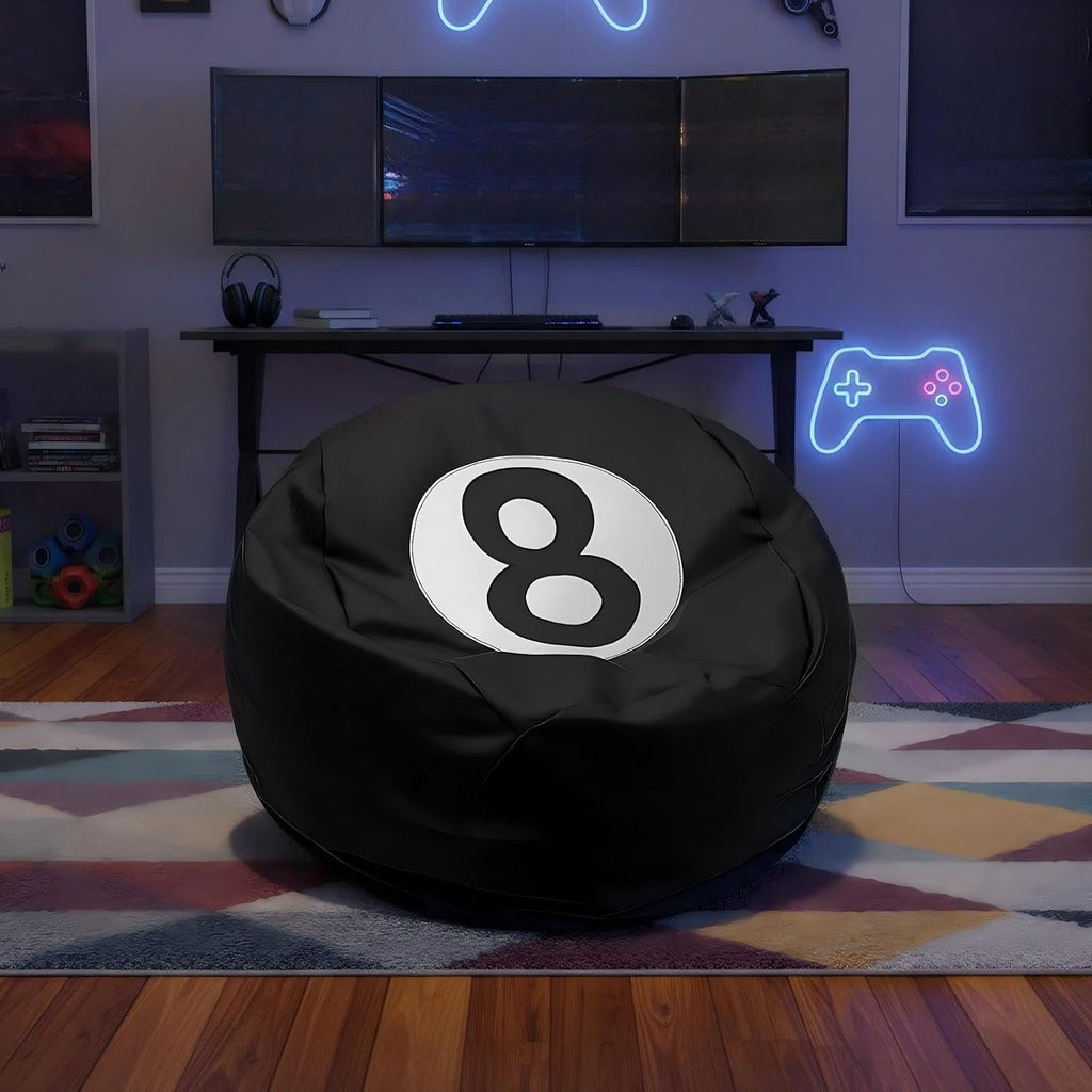 AceOrbit 8 Ball Bean Bag Chair Cover, Prize Gift Plush Toys Organizer, Black PU Leather 8 Ball Stuffed Animal Storage Bean Bag, Billiard Decor for Game Home Dorm Room Living Room (No Filling)