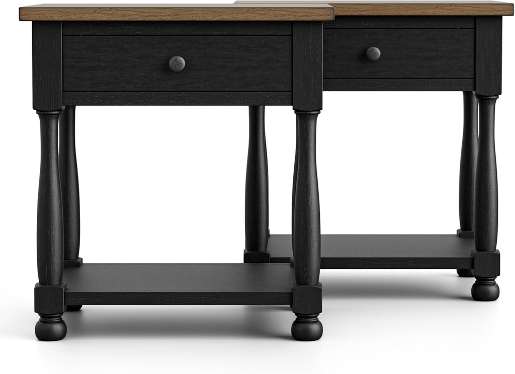 Furniture of America Narella Modern Farmhouse Solid Wood End Tables Set of 2, Bedside Nightstand with Drawer, Shelf and USB Ports, Wooden Night Stand for Bedroom, Dorm, Black/Rustic Oak