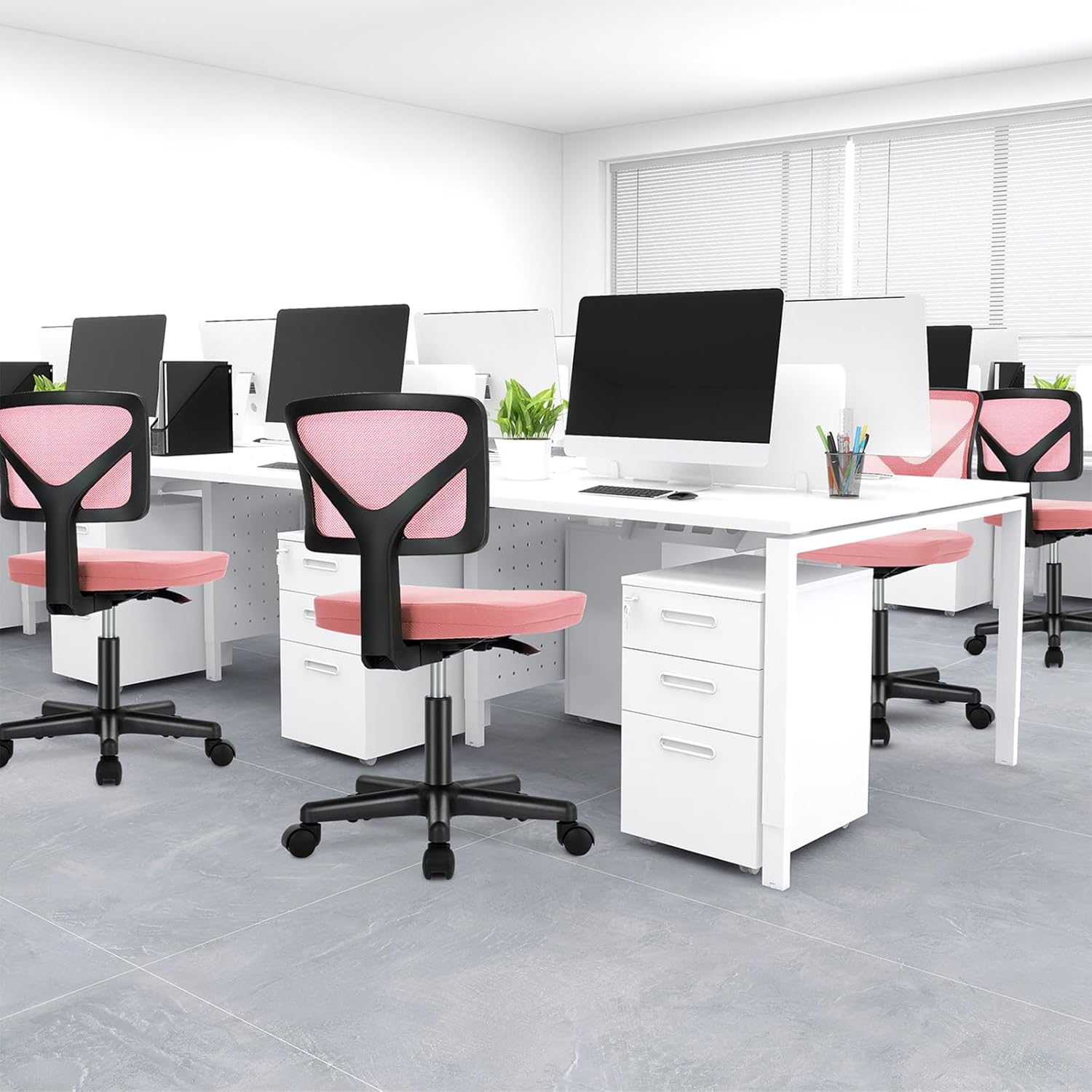 DUMOS Small Office Chair Armless, Ergonomic Adjustable Home Office Swivel Rolling Task Chair No Arms, Comfy Mesh Mid Back Computer Work Vanity Desk Chiars with Wheels for Small Spaces, Hot Pink