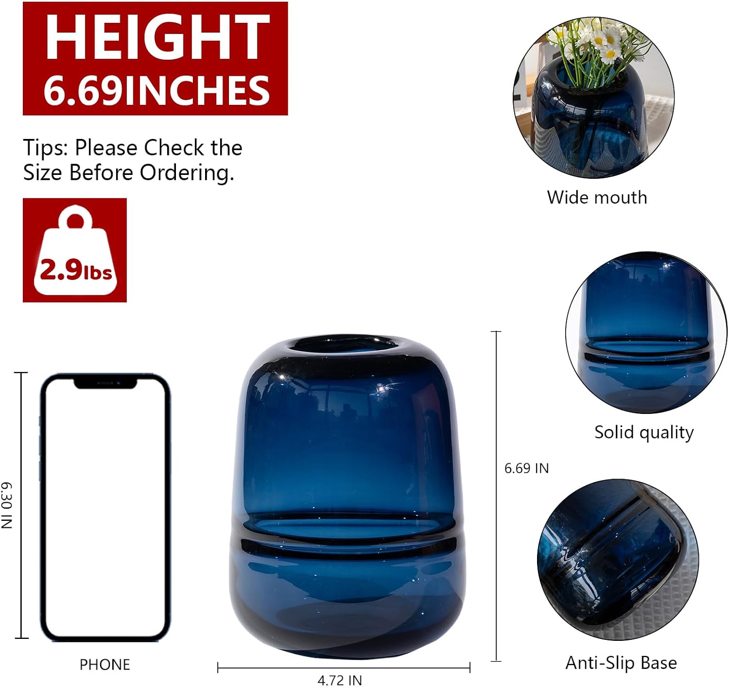 Relexome Blue Glass Flower Vase for Centerpieces Flowers 6.7 Inch Round Modern Glass Bud Vase Decorative Vases for Home Decor, Living Room, Dining Table, Entryway, Shelf, Office