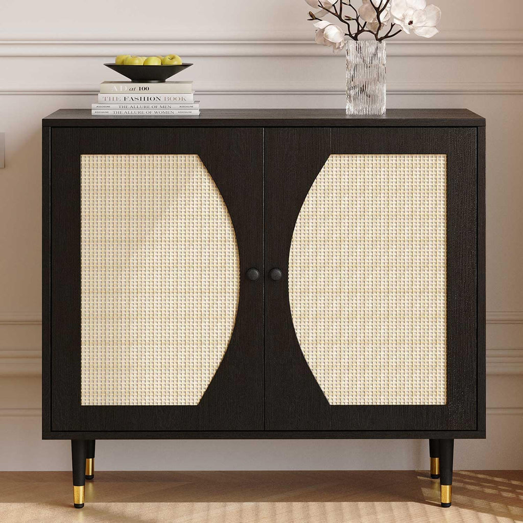 4ever2buy Black Rattan Cabinet, Rattan Buffet Cabinet with Storage, Accent Sideboard Buffet with Adjustable Shelves for Kitchen and Dining Room