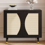 4ever2buy Black Rattan Cabinet, Rattan Buffet Cabinet with Storage, Accent Sideboard Buffet with Adjustable Shelves for Kitchen and Dining Room