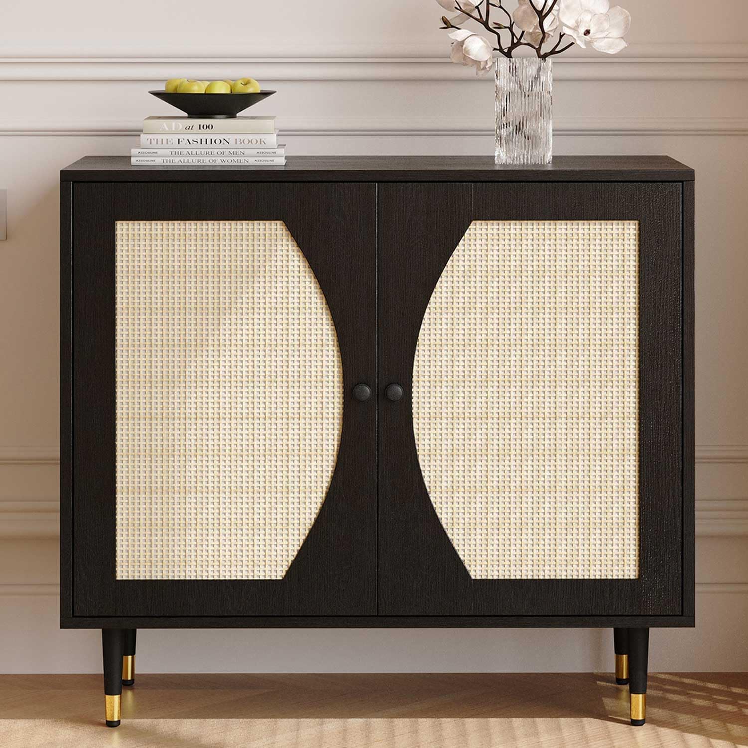 4ever2buy Black Rattan Cabinet, Rattan Buffet Cabinet with Storage, Accent Sideboard Buffet with Adjustable Shelves for Kitchen and Dining Room