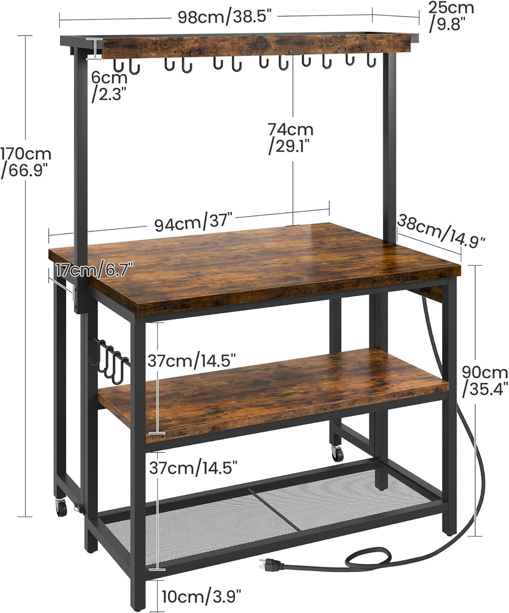 CHOEZON Kitchen Island with Power Outlet, Kitchen Island Table with Folding Top, Stationary Storage Islands, Coffee Bar with Outlets and USB Ports, for Dining Room, Rustic Brown and Black TZD01UBF