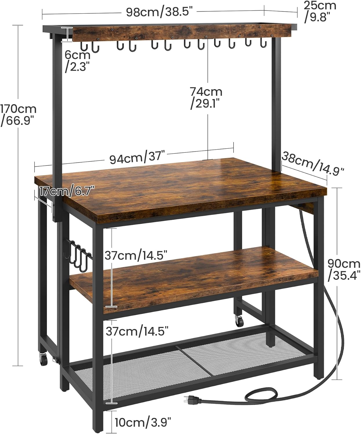 CHOEZON Kitchen Island with Power Outlet, Kitchen Island Table with Folding Top, Stationary Storage Islands, Coffee Bar with Outlets and USB Ports, for Dining Room, Rustic Brown and Black TZD01UBF