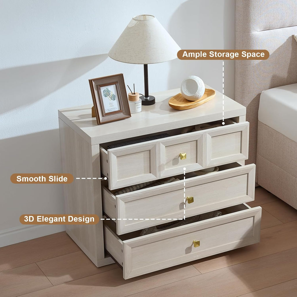 Night Stand Large W/Charging Station, 30.7" W Oversized Nightstands Tall Bedside Table with 3 Drawers, Accent End Table W/Large Storage, Modern Wood End Table for Bedroom, Office