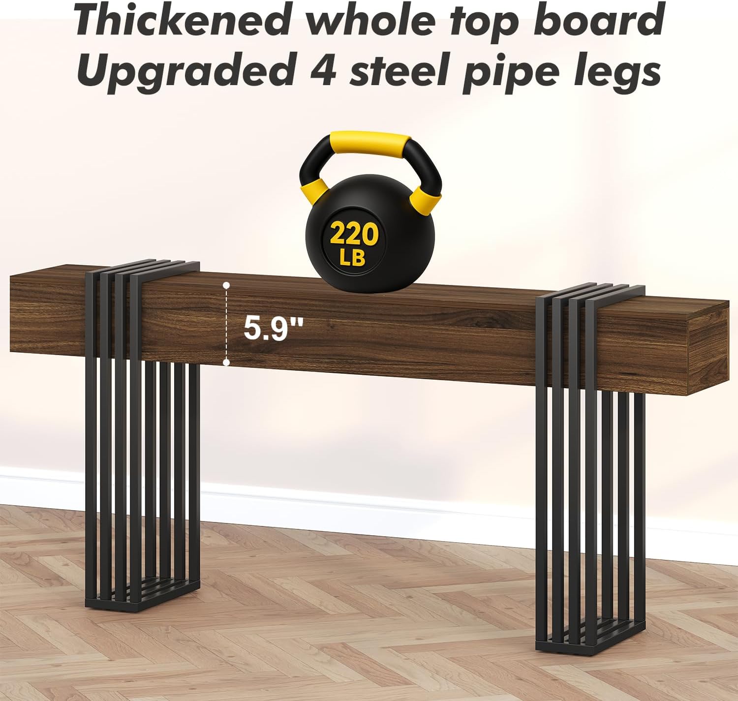knoworld 71 Inch Long Console Table, Extra Thick Industrial Sofa Table Behind The Couch Rectangular Entryway Table for Entrance Hallway Living Room, Entire top Board & 4-Pipe Legs, Walnut