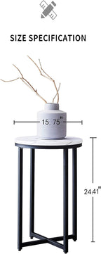 Modern Side Table with Faux Marble MDF Top, Black Metal X-Base, Compact End Table for Small Spaces Living Room Bedroom, Stable and Easy to Assemble