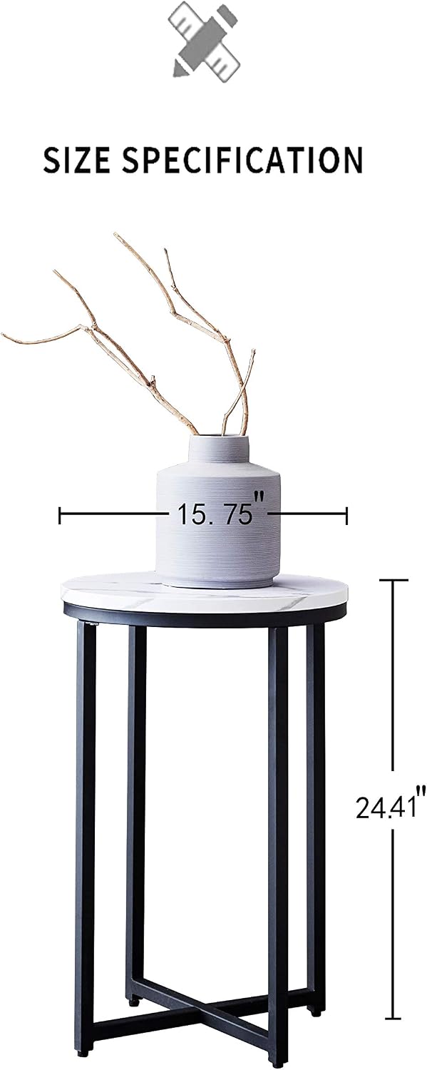 Modern Side Table with Faux Marble MDF Top, Black Metal X-Base, Compact End Table for Small Spaces Living Room Bedroom, Stable and Easy to Assemble