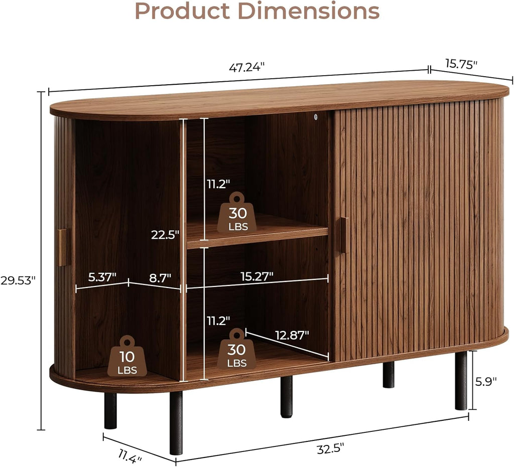 Buffet Cabinet with Storage, Fluted Sideboard Buffet with Sliding Door, Coffee Bar Cabinet with Adjustable Shelf, Console Table, Accent Table for Entryway, Kitchen (Walnut, 48 Inch)