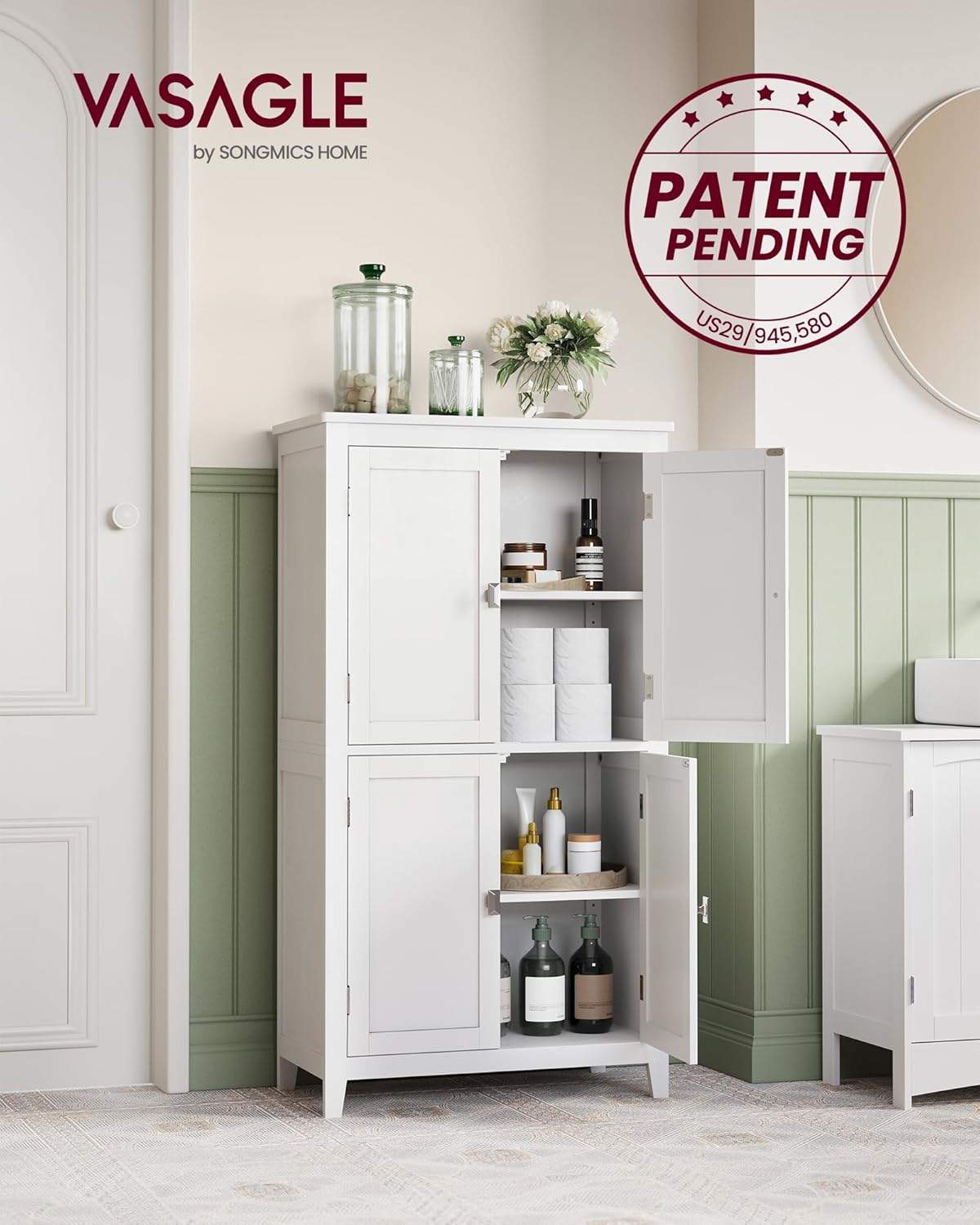 VASAGLE Floor Storage Cabinet, Freestanding Storage Unit with 4 Doors, Adjustable Shelves, 11.8 x 23.6 x 43.3 Inches, for Entryway, Bathroom, White UBBC552P31