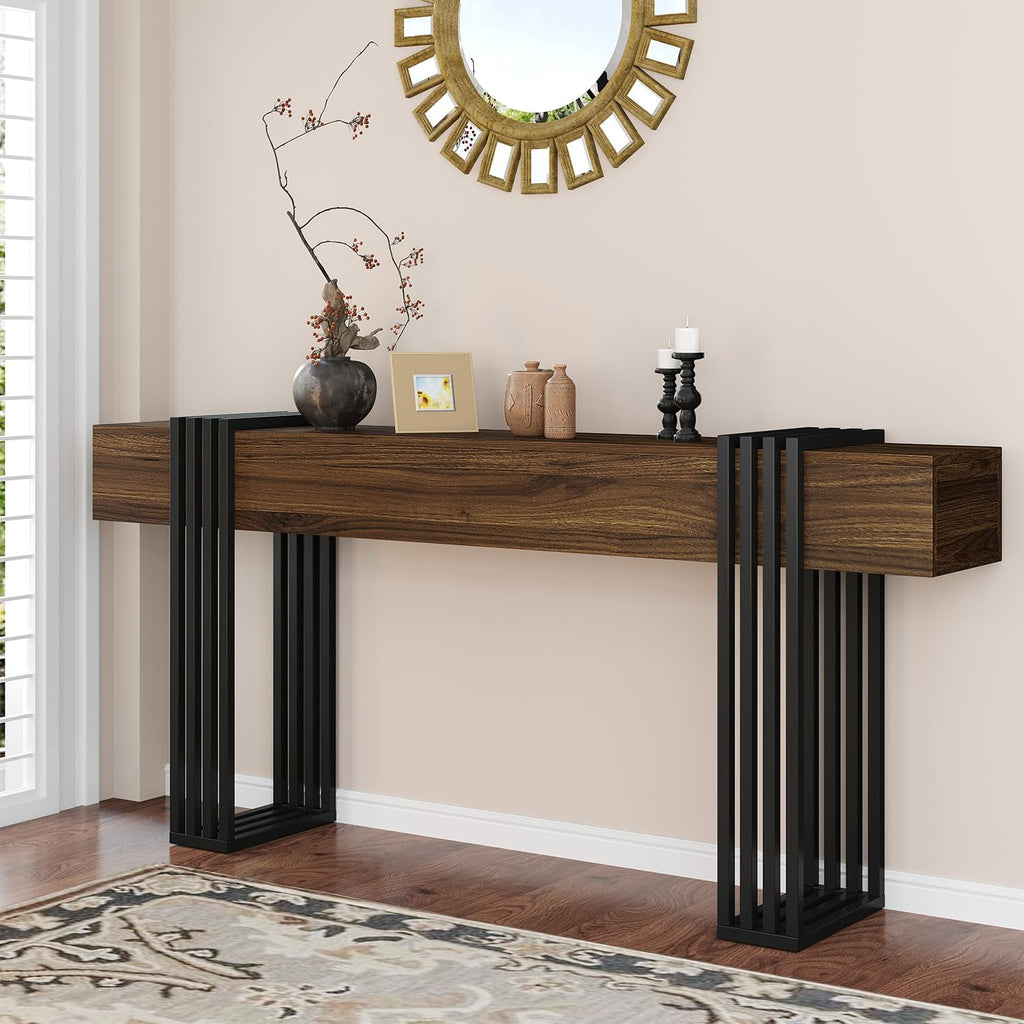 knoworld 71 Inch Long Console Table, Extra Thick Industrial Sofa Table Behind The Couch Rectangular Entryway Table for Entrance Hallway Living Room, Entire top Board & 4-Pipe Legs, Walnut