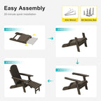3-Position Adjustable Folding Adirondack Chair with Retractable Ottoman, HDPE Weather Resistant Patio Chair Set of 2 with Hidden Cup Holder for Lawn, Deck and Garden, Brown