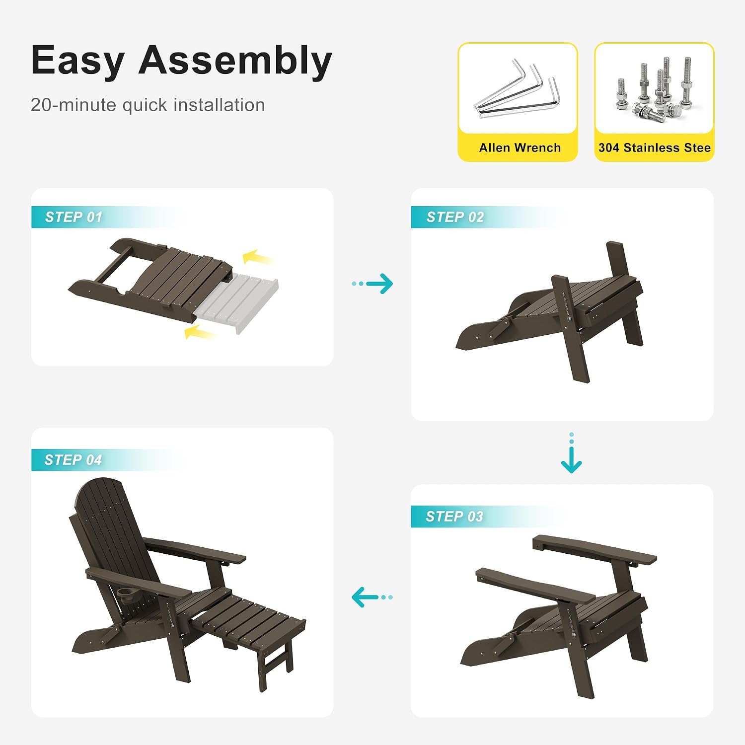 3-Position Adjustable Folding Adirondack Chair with Retractable Ottoman, HDPE Weather Resistant Patio Chair Set of 2 with Hidden Cup Holder for Lawn, Deck and Garden, Brown