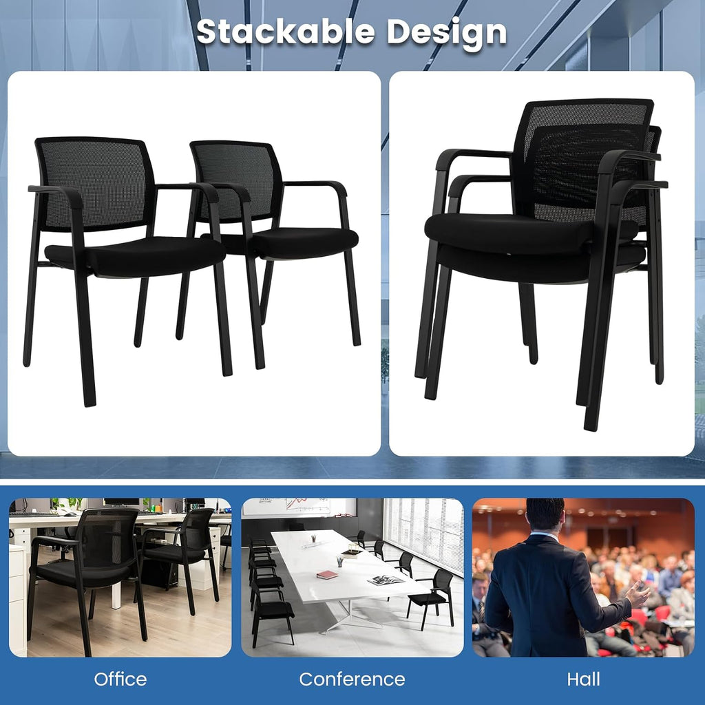 Tangkula Set of 4 Conference Room Chairs, Stackable Office Guest Chairs with Upholstered Seat, Mesh Backrest & Armrests, Waiting Room Chairs for Office, School, Lobby, Black