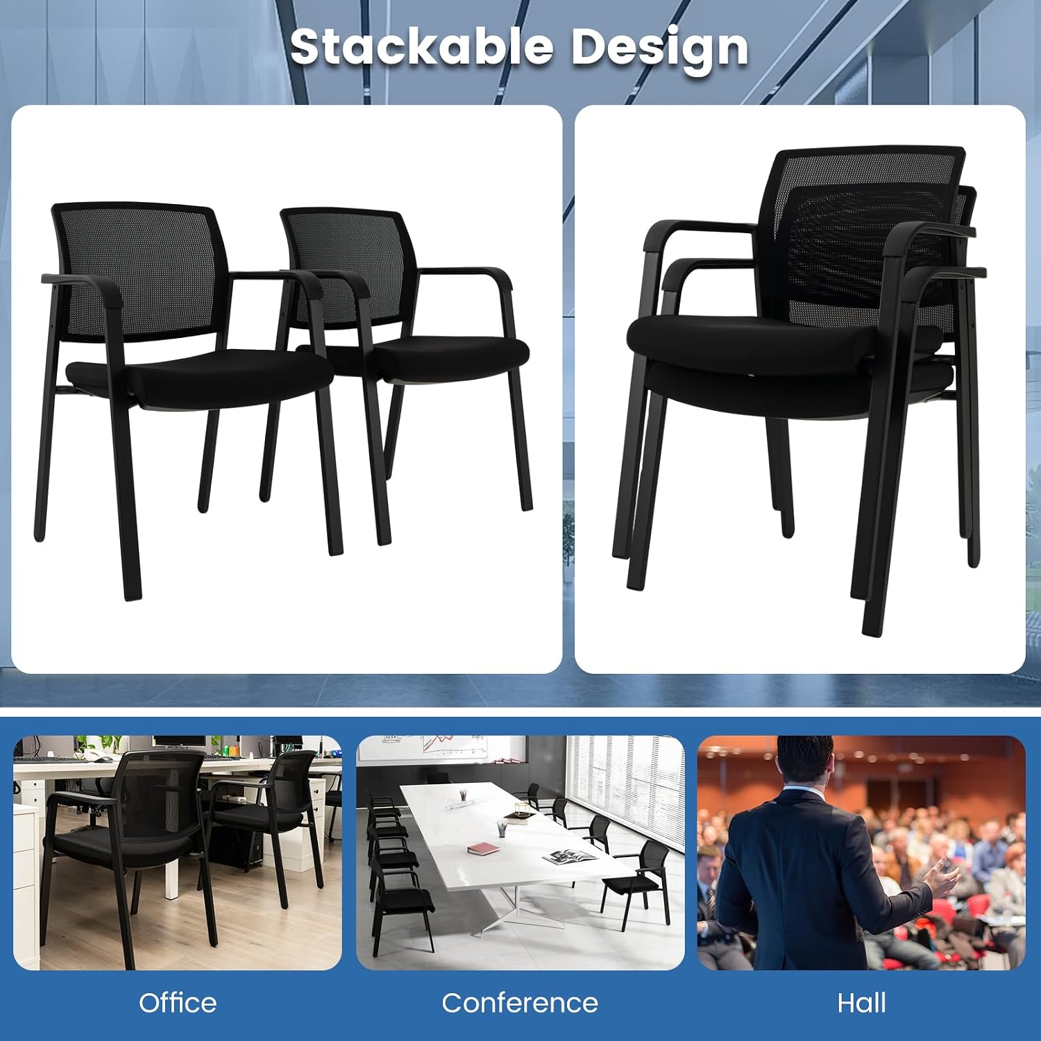 Tangkula Set of 4 Conference Room Chairs, Stackable Office Guest Chairs with Upholstered Seat, Mesh Backrest & Armrests, Waiting Room Chairs for Office, School, Lobby, Black