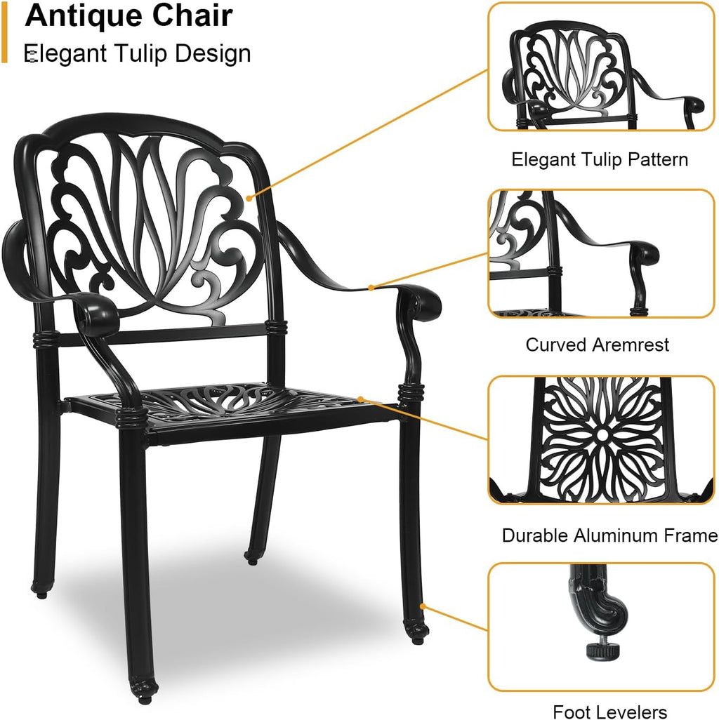Outdoor Dining Chairs Cast Aluminum, Patio Dining Chairs Set of 2, Conversation Furniture Set for Backyard, Black