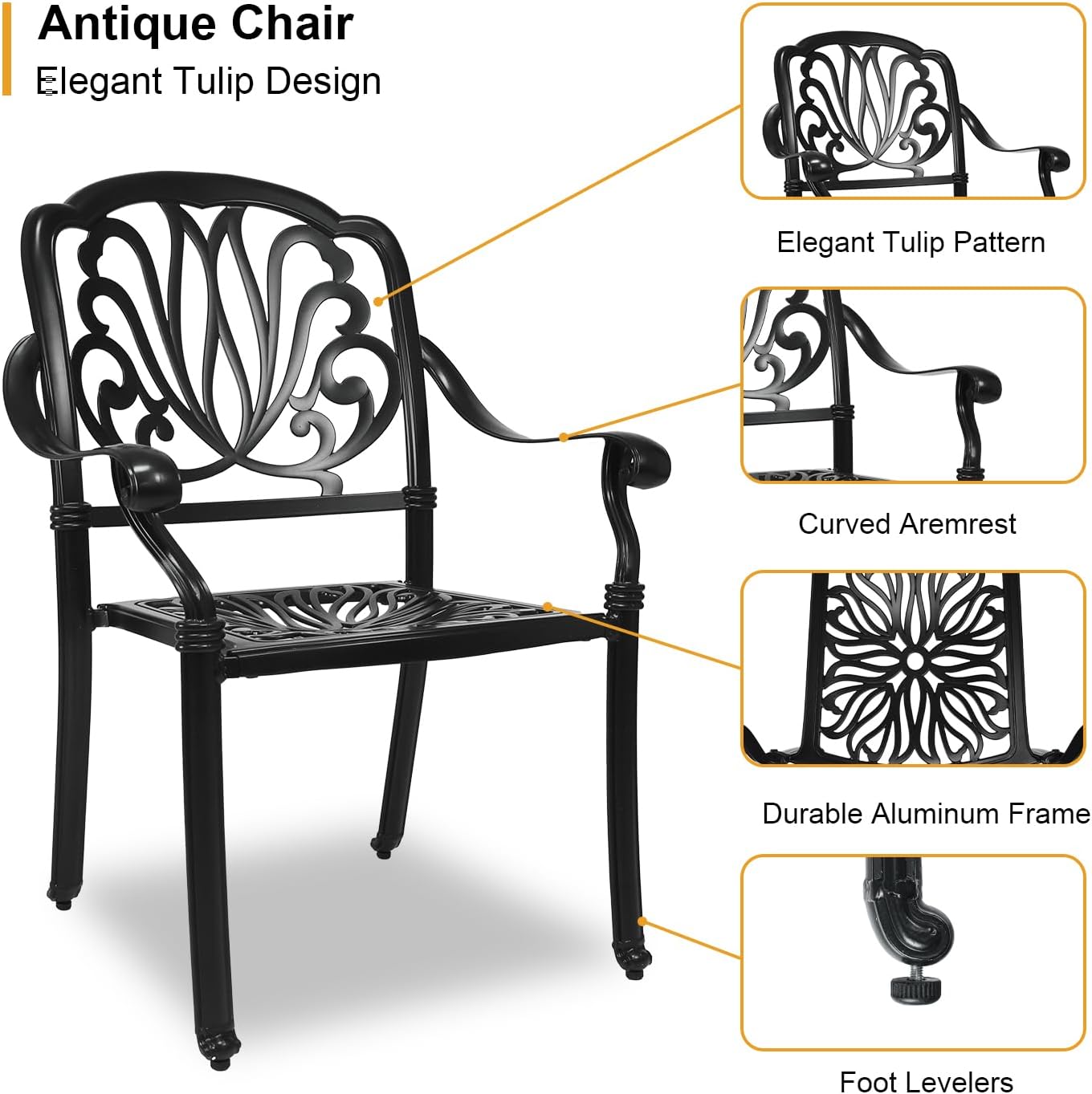 Outdoor Dining Chairs Cast Aluminum, Patio Dining Chairs Set of 2, Conversation Furniture Set for Backyard, Black