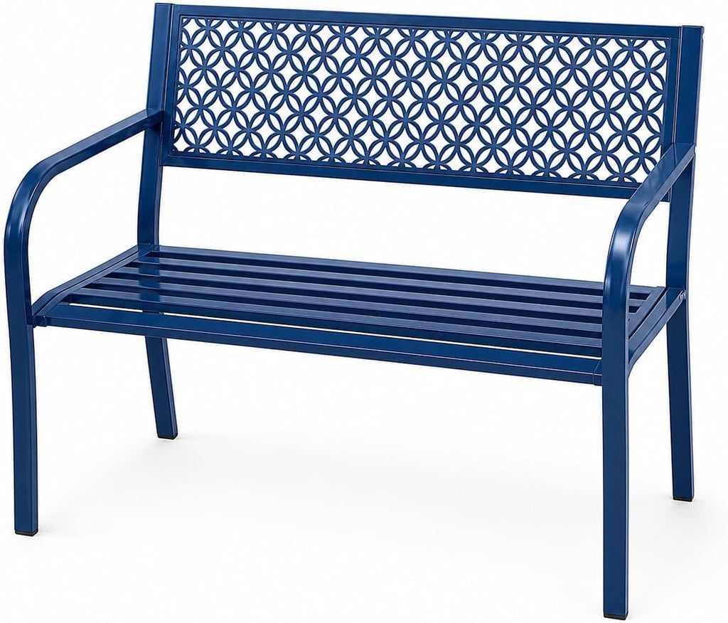 Heavy Duty Blue Steel Patio Garden Bench for 2 – 50" Wide, 790 lbs Capacity – Weather Resistant – Geometric Backrest & Slatted Seat – Porch, Deck, Entryway – Blue
