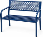 Heavy Duty Blue Steel Patio Garden Bench for 2 – 50" Wide, 790 lbs Capacity – Weather Resistant – Geometric Backrest & Slatted Seat – Porch, Deck, Entryway – Blue