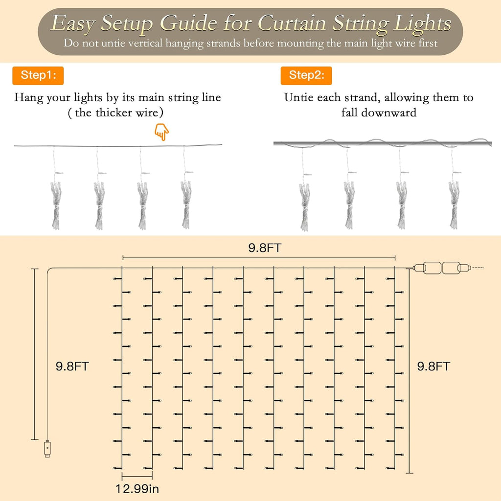 Curtain String Lights Indoor, 300LED 9.8 * 9.8FT USB Plug-in Window Curtain Lights with Timer and 8 Modes, Waterproof Warm White Curtain Fairy Lights for Bedroom Room Wedding Outdoor Decor