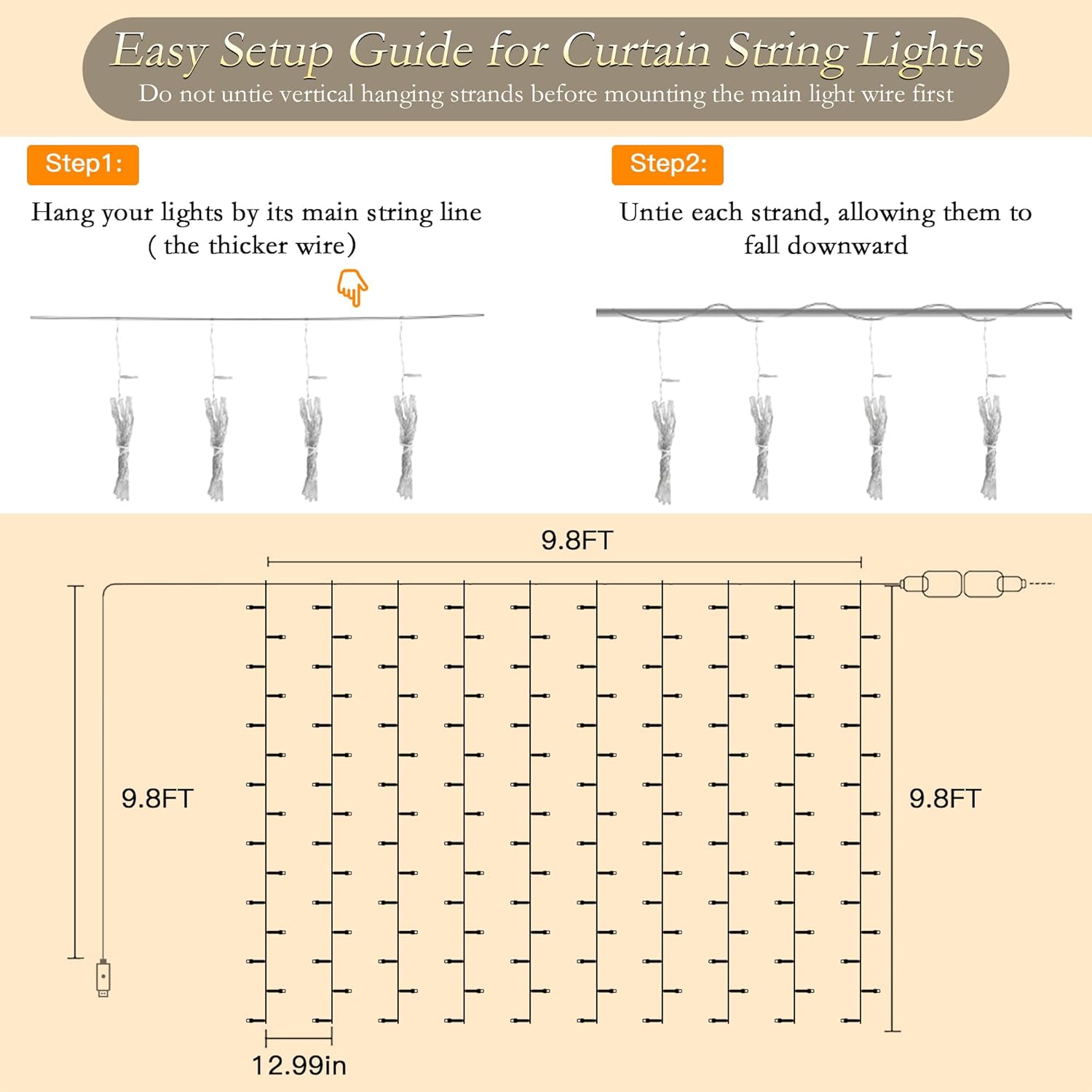 Curtain String Lights Indoor, 300LED 9.8 * 9.8FT USB Plug-in Window Curtain Lights with Timer and 8 Modes, Waterproof Warm White Curtain Fairy Lights for Bedroom Room Wedding Outdoor Decor