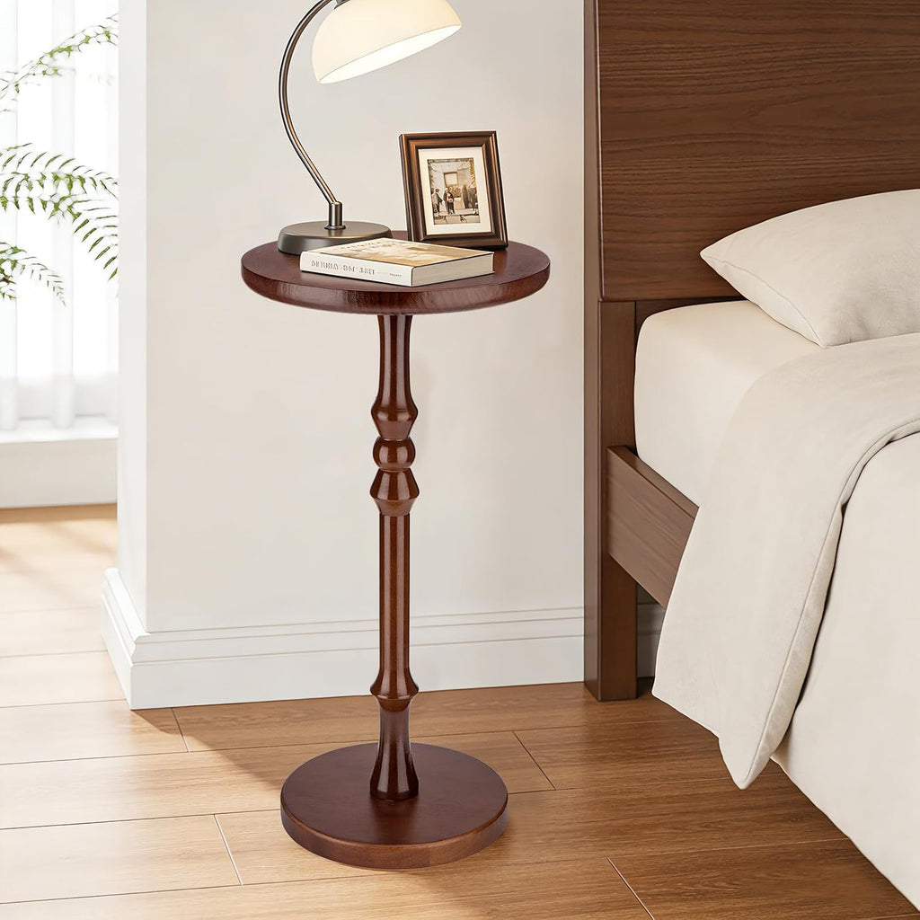 Round Side Table for Small Spaces, Drink Table with Oak Wood Pedestal Base, Modern Accent End Table or Nightstand for Living Room, Bedroom, Office, and Corners, Tool-Free Assembly, Brown