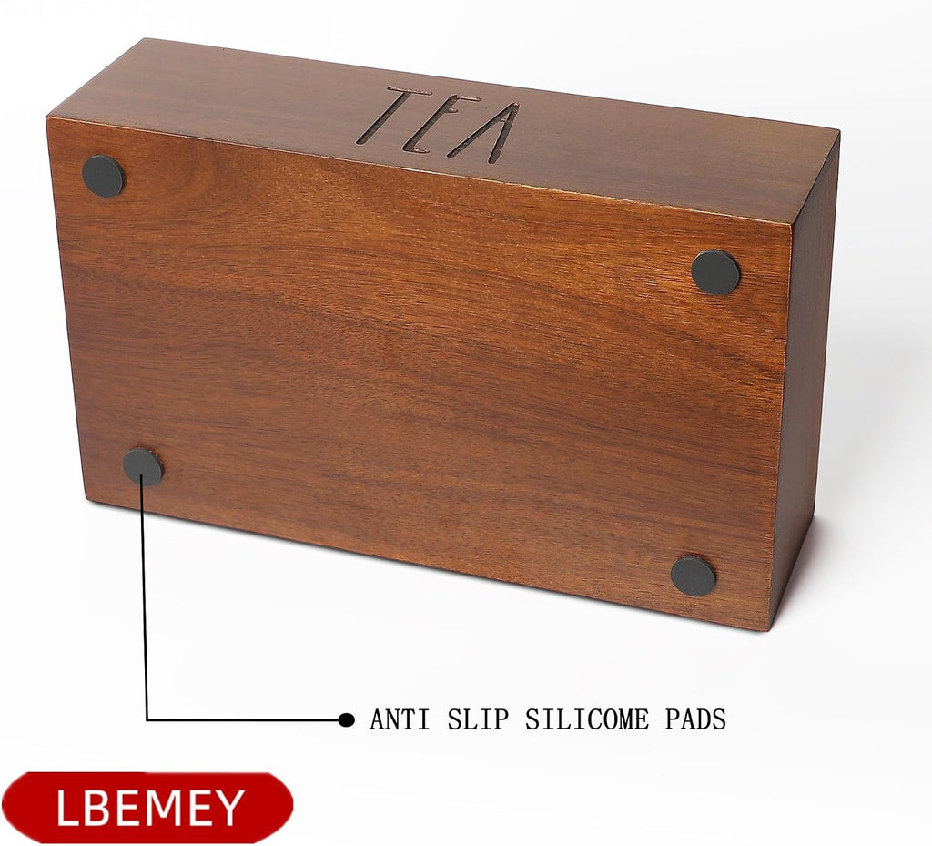LBEMEY Tea Bag Organizer,Acacia Wood Tea Storage Containers with 6 Compartments, Sugar Packet Holder,Tea Bag Caddy Box for Cabinet Countertop Office (Brown- Labeled "TEA")