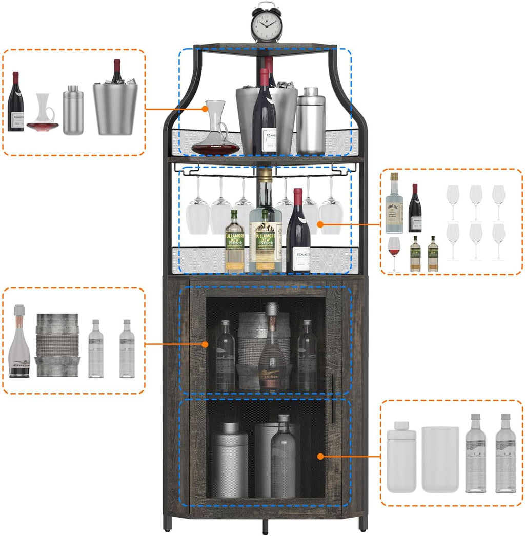 GAOMON Corner Wine Bar Cabinet with Large Storage Space and Removable Wine Rack, Coffee Bar Cabinet with Glass Holder and Mesh Door, 4-Tier Liquor Cabinet Bar, Dark Wood
