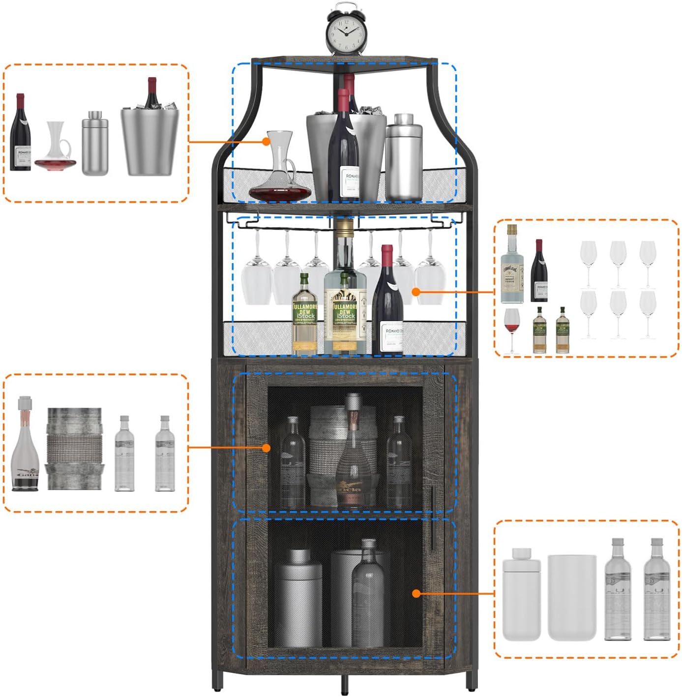 GAOMON Corner Wine Bar Cabinet with Large Storage Space and Removable Wine Rack, Coffee Bar Cabinet with Glass Holder and Mesh Door, 4-Tier Liquor Cabinet Bar, Dark Wood