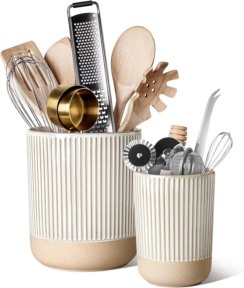LE TAUCI Ceramic Kitchen Utensil Holder Set of 2 - 6.9"+5.3" Large Cooking Utensil Crock & Organizer for Spatula, Spoon, Whisk - Farmhouse Countertop Storage, Cream Beige, Line