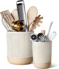 LE TAUCI Ceramic Kitchen Utensil Holder Set of 2 - 6.9"+5.3" Large Cooking Utensil Crock & Organizer for Spatula, Spoon, Whisk - Farmhouse Countertop Storage, Cream Beige, Line
