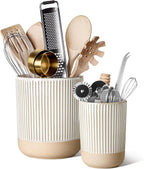 LE TAUCI Ceramic Kitchen Utensil Holder Set of 2 - 6.9"+5.3" Large Cooking Utensil Crock & Organizer for Spatula, Spoon, Whisk - Farmhouse Countertop Storage, Cream Beige, Line