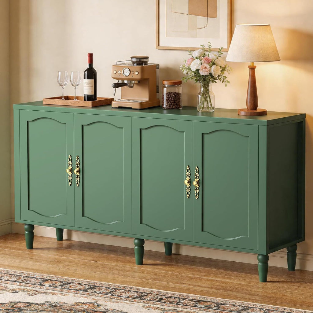 fineway 63" Sideboard Buffet Cabinet, Mid Century Modern Credenza Storage Cabinet with Carved Handle & Adjustable Shelves, Buffet Table Kitchen Coffee Bar for Living Room Dining Room - Green
