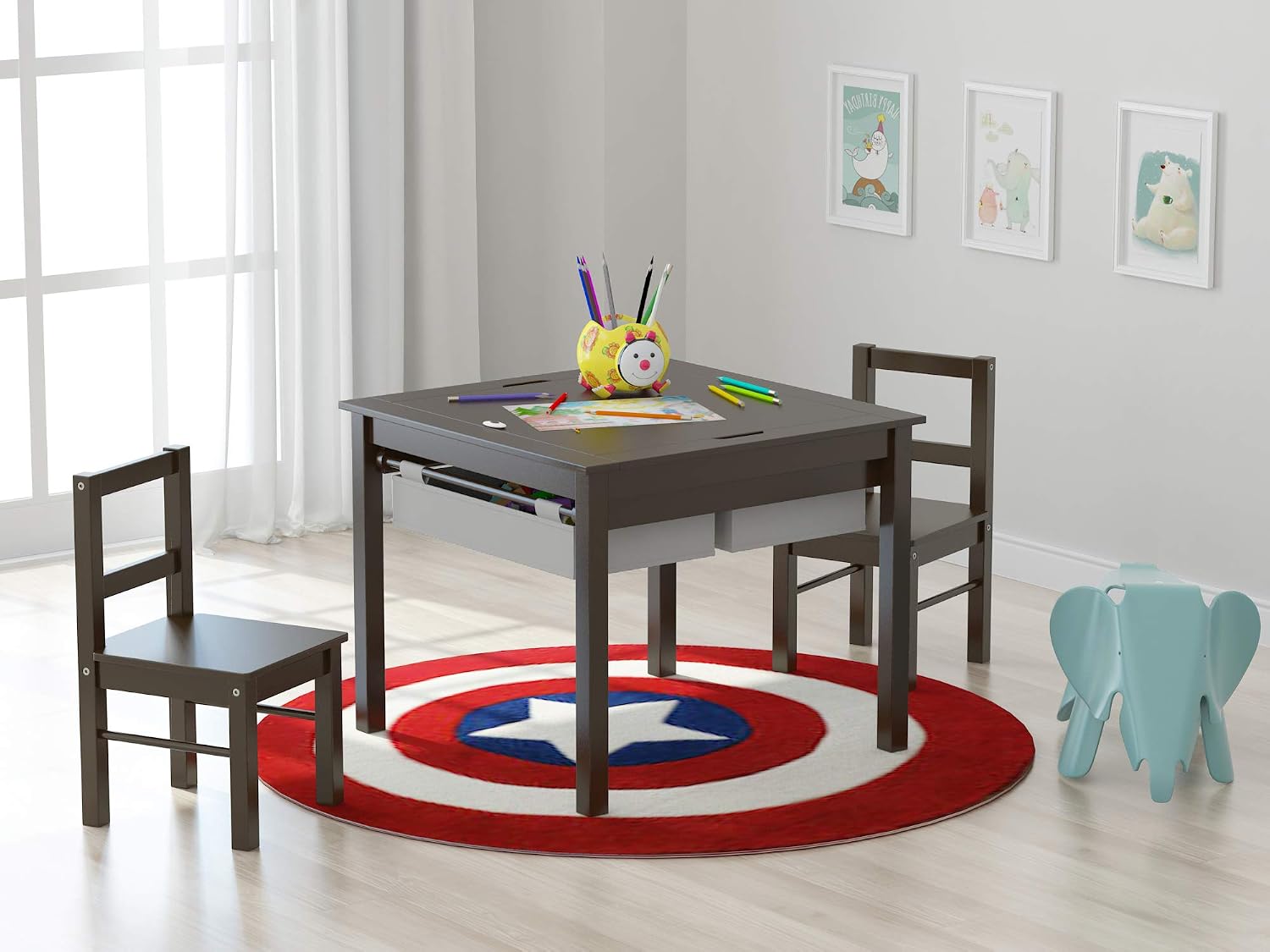 UTEX 2 in 1 Kids Construction Play Table and Chair Set with Storage Drawers | Wooden Kids Building & Activity Table with Storage, Water-based Paint Finish, Built in Plate Compatible with Lego and Duplo B