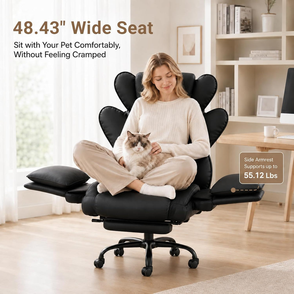 Big and Tall Office Chair with Flip Armrests for Pets and Cross Legged Sitting, Reclining Ergonomic Computer Desk Chair with Foot Rest, Wide Seat PU Leather Executive Chair, 135° Recline Silent Wheels
