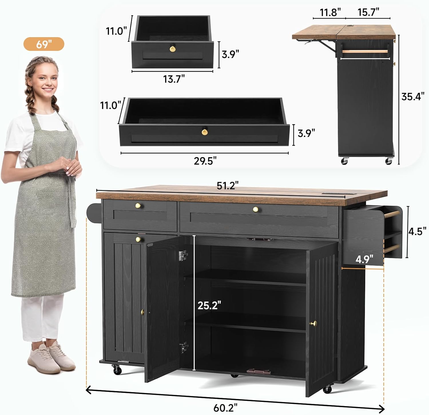 ONBRILL 60" Kitchen Island with Power Outlet & Drop Leaf, Rolling Island with Spice Rack & Towel Rack, Kitchen Island Cart with Trash Storage Cabinet, Island Table for Kitchen, Black+Rustic Brown