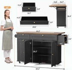 ONBRILL 60" Kitchen Island with Power Outlet & Drop Leaf, Rolling Island with Spice Rack & Towel Rack, Kitchen Island Cart with Trash Storage Cabinet, Island Table for Kitchen, Black+Rustic Brown