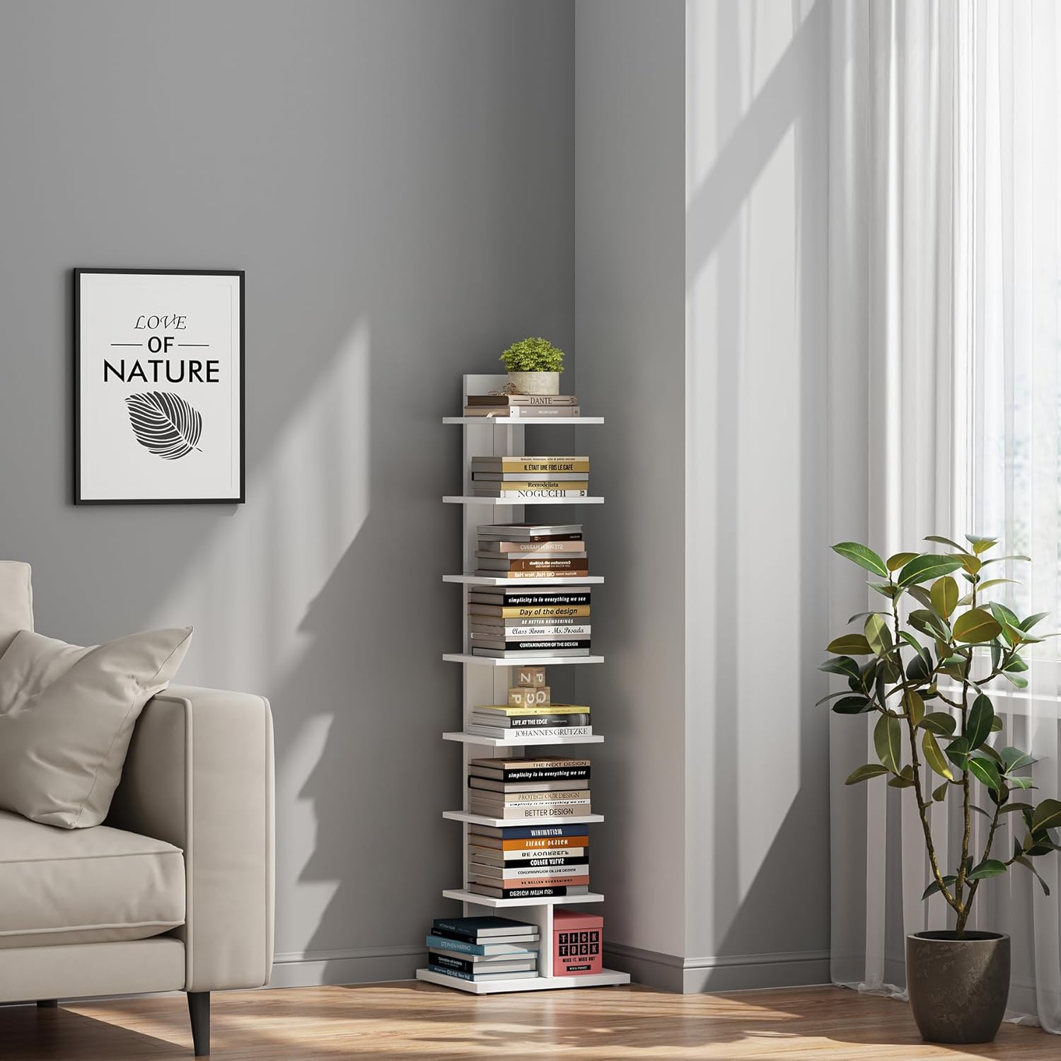 TUTOTAK Narrow Bookshelf, 8-Tier Bookcase, Spine Book Shelf for Small Space, Corner Standing Shelf for Living Room, Office, Study, Entryway, White BS06BW008