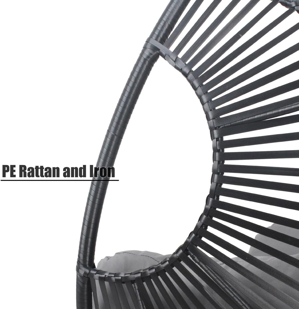 Egg Chair Wicker Balcony Chairs, 400lbs Capacity, Indoor Outdoor, 8-Inch Comfort Cushion(Black+Gray)