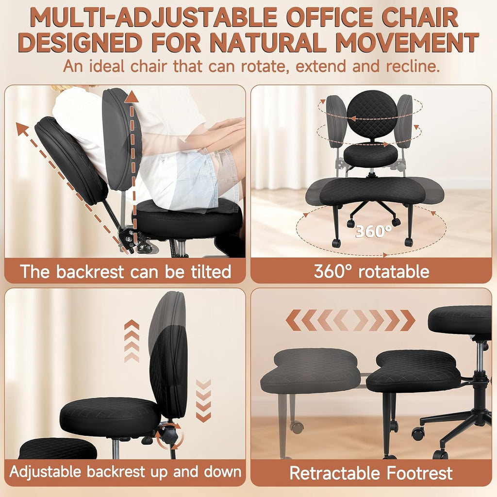 Criss Cross Office Chair with Wheels, Cross Legged Office Chair, Adjustable Height Kneeling Chair for Meditation Yoga Home Office with Backrest, 360° Rotating Footrest (Black)
