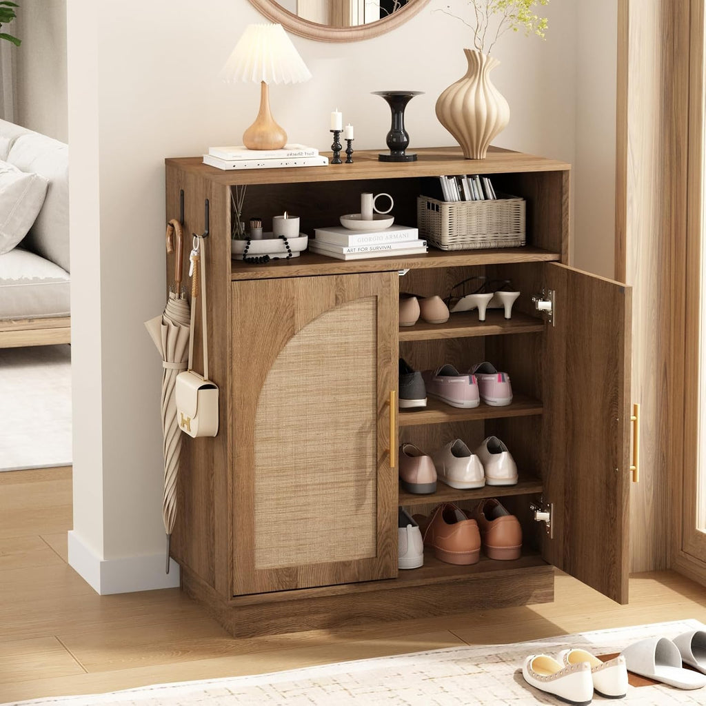 HOKYHOKY Rattan Shoe Storage Cabinet with 2 Arched Doors, 5-Tier Deep Shoe Organizer with Adjustable Shelves, Farmhouse Boho Shoe Rack Cabinet for Entryway,Rustic Oak