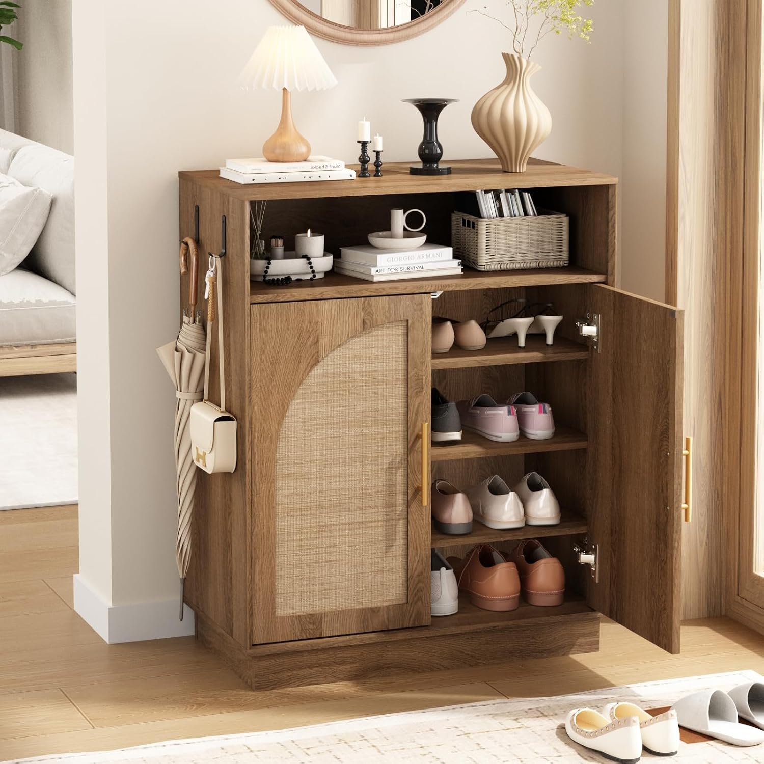 HOKYHOKY Rattan Shoe Storage Cabinet with 2 Arched Doors, 5-Tier Deep Shoe Organizer with Adjustable Shelves, Farmhouse Boho Shoe Rack Cabinet for Entryway,Rustic Oak