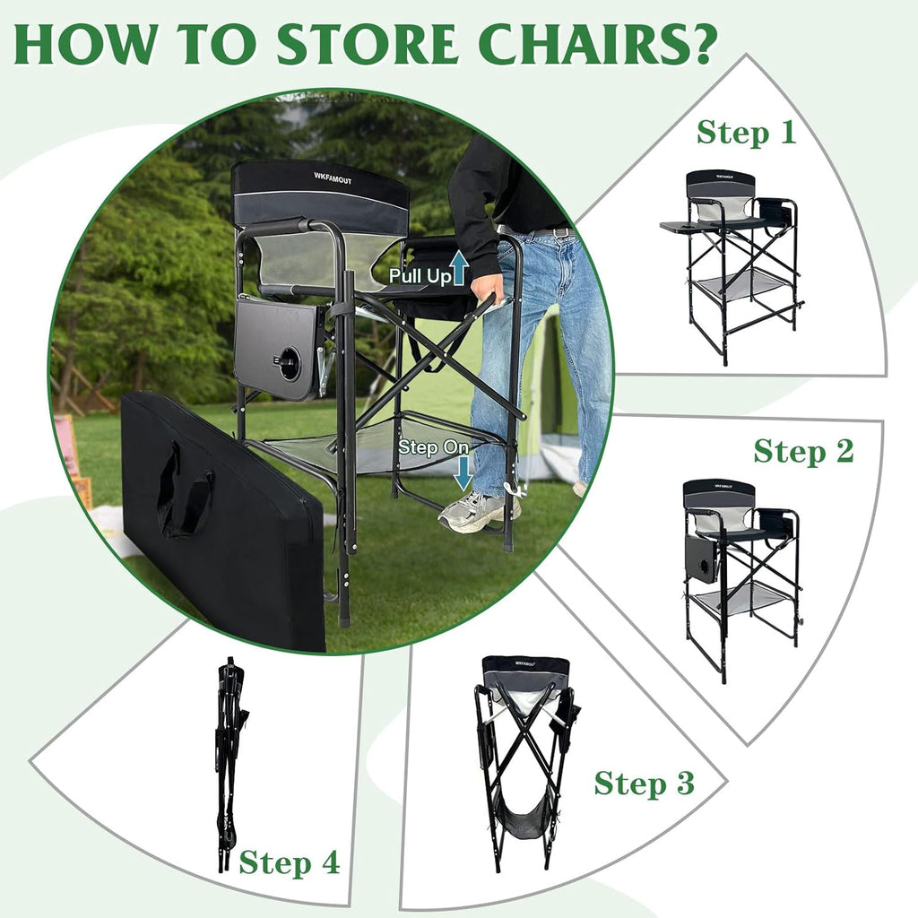 Tall Folding Director Chair 30.7" Seat Height Foldable Bar Stool for Makeup Artist Face Painting with Side Table Carry Bag and Cosmetic Bag Supports 250LBS