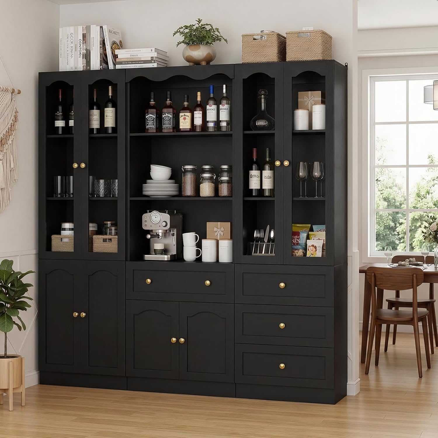 Cyclysio 3-Set Pantry Cabinets, 80" Tall Kitchen Pantry Storage Cabinets with Glass Doors, Drawers and Open Shelves, Black Kitchen Pantry Cabinet Set with Adjustable Shelves, Baseboard Cut Out
